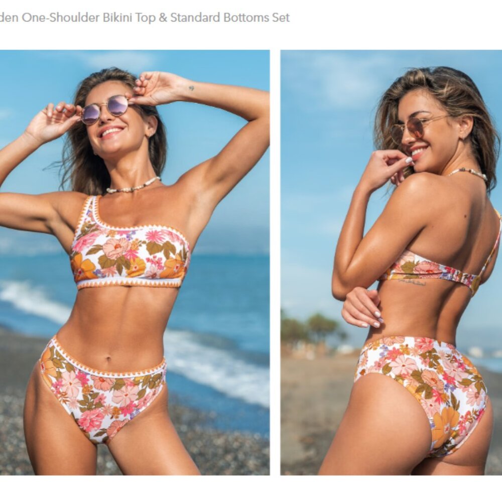 CUPSHE - Floral Garden One-Shoulder Bikini Top & Standard Bottoms Set
